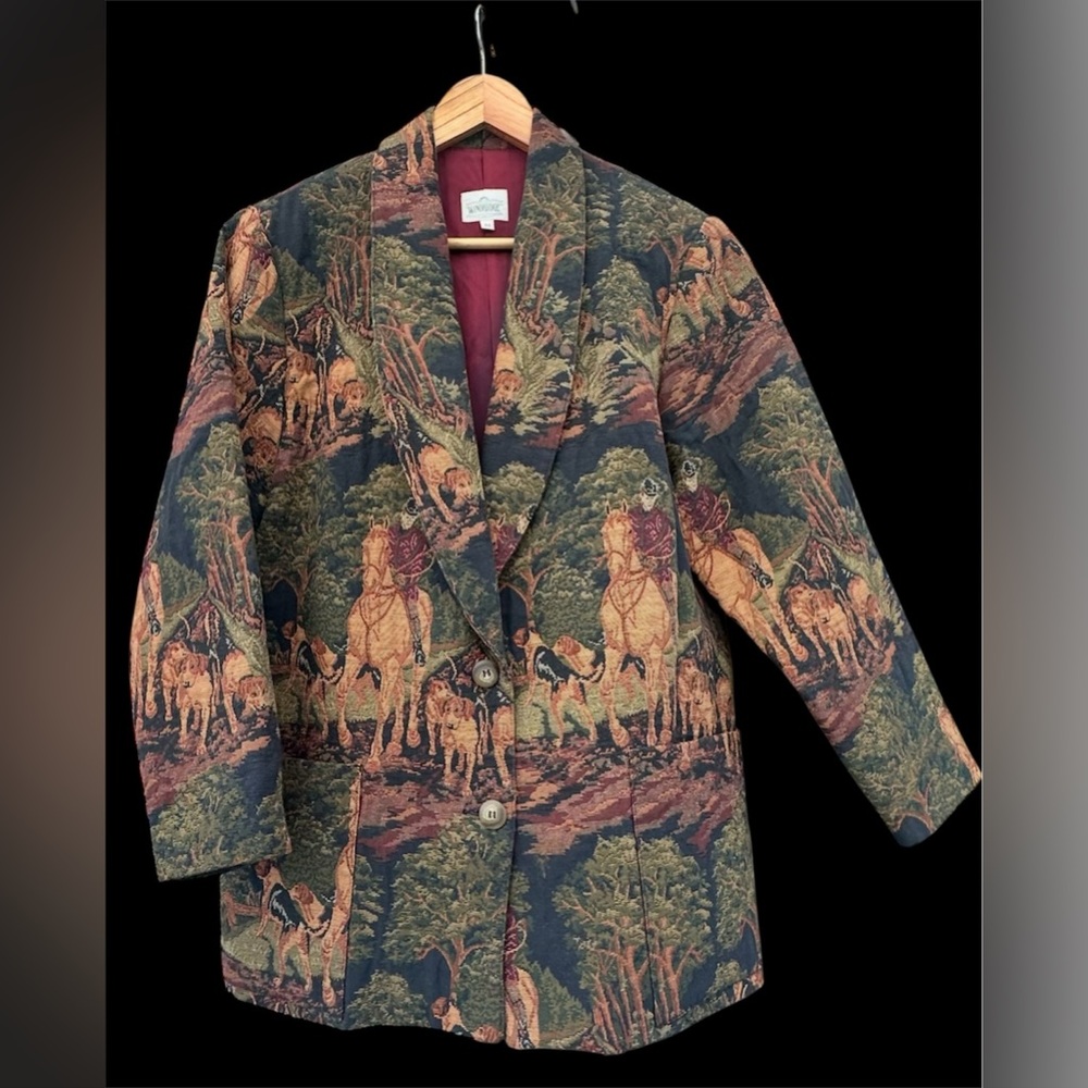 Women’s Medium Tapestry Blazer Equestrian Print Horse Western Cottage Derby Vtg